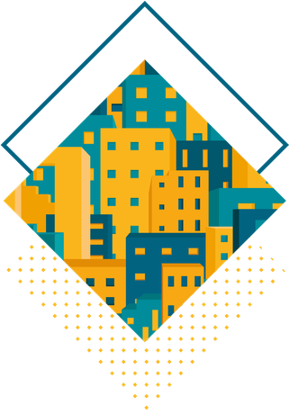 Un paysage urbain de bâtiments jaunes et bleus à l'intérieur d'un cadre en losange.