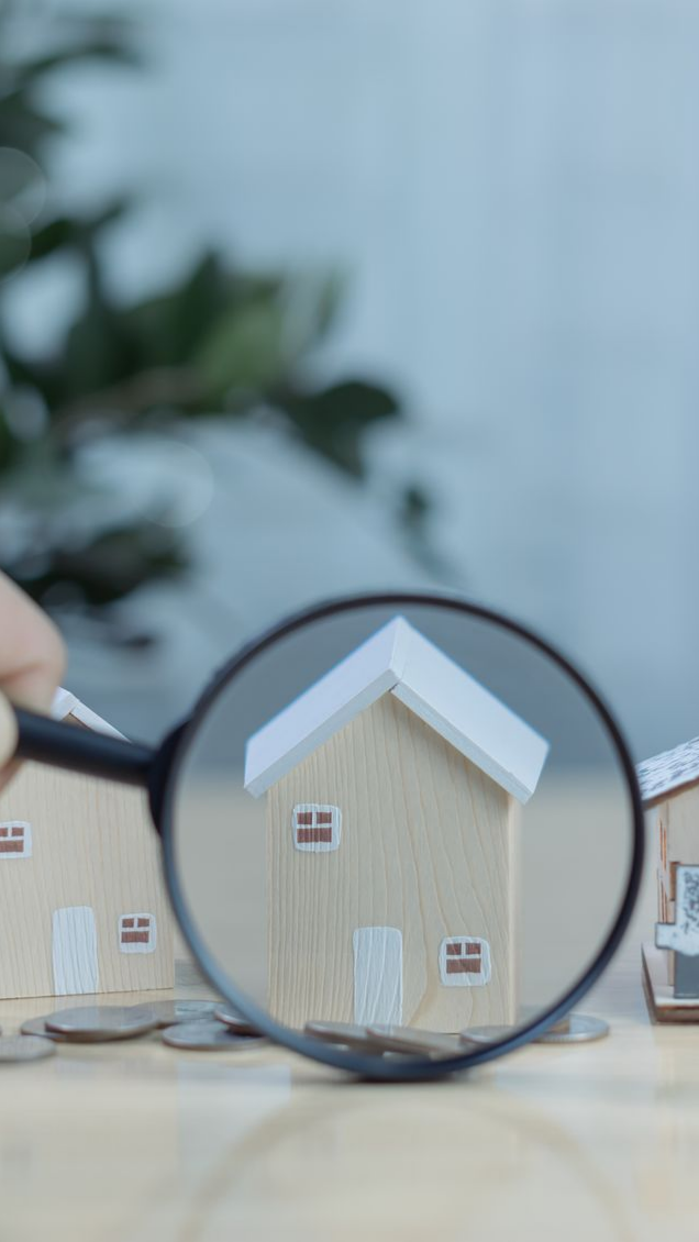 Loupe au-dessus d'une maison miniature en bois. Des pièces de monnaie et d'autres maisons apparaissent en arrière-plan, suggérant une analyse du marché immobilier.