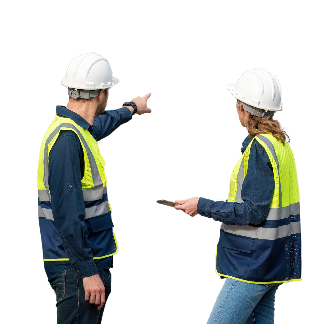 Deux ouvriers du bâtiment portant des gilets de sécurité et des casques de chantier, l'un pointant du doigt, l'autre tenant une tablette.