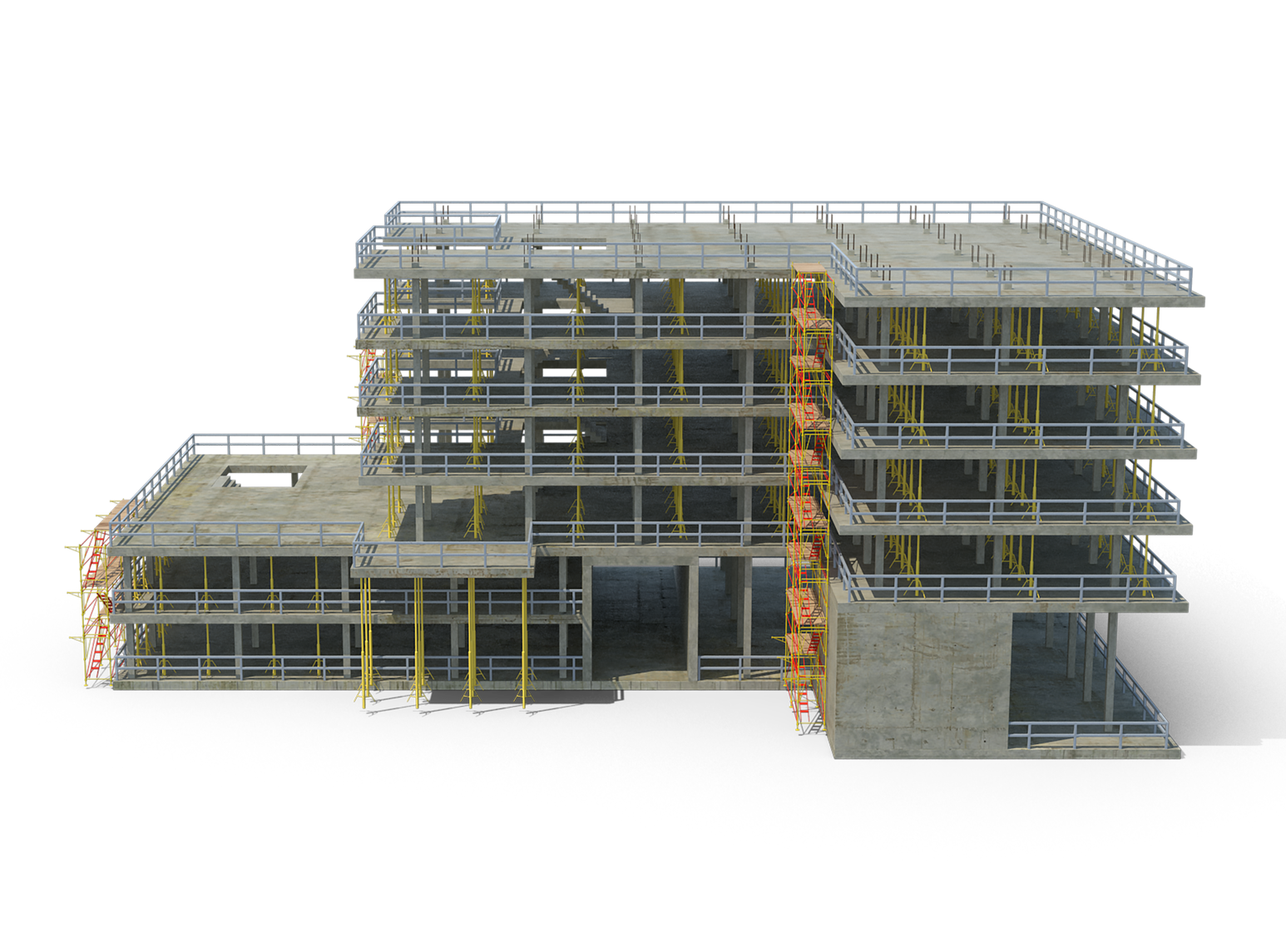 Chantier : immeuble à étages partiellement construit, ossature bois, béton gris.
