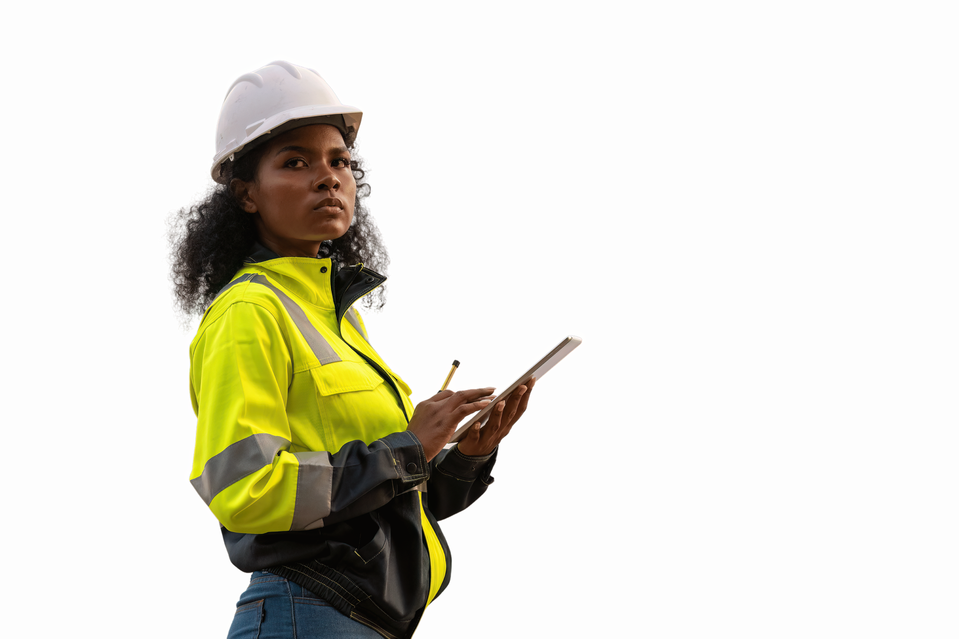 Femme en tenue de chantier, tenant une tablette et un stylo portant un casque de sécurité blanc.