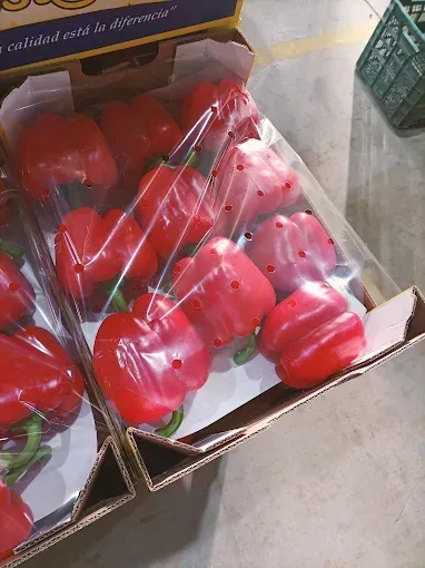 Camión de reparto rojo cargado de coloridos productos circulando por una carretera rural bajo un cielo despejado.