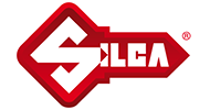 Logo SILCA rouge, avec un contour de diamant stylisé et des lettres blanches en gras sur fond blanc