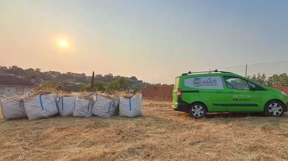 Una furgoneta verde aparcada cerca de grandes bolsas blancas en un campo al atardecer.