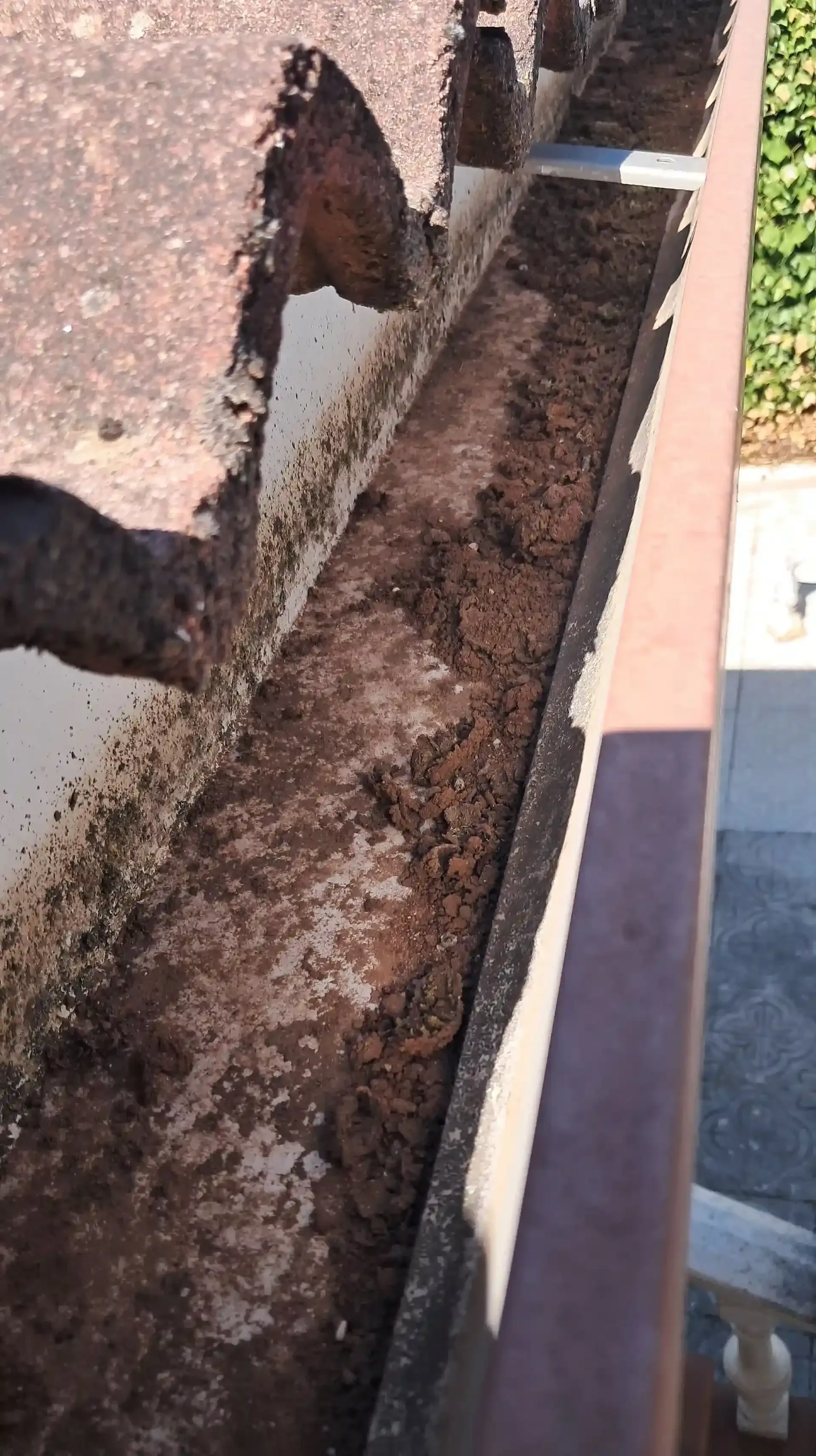 Canalón lleno de suciedad y escombros, visto desde arriba. Metal marrón y oxidado. Cubierto de mugre.