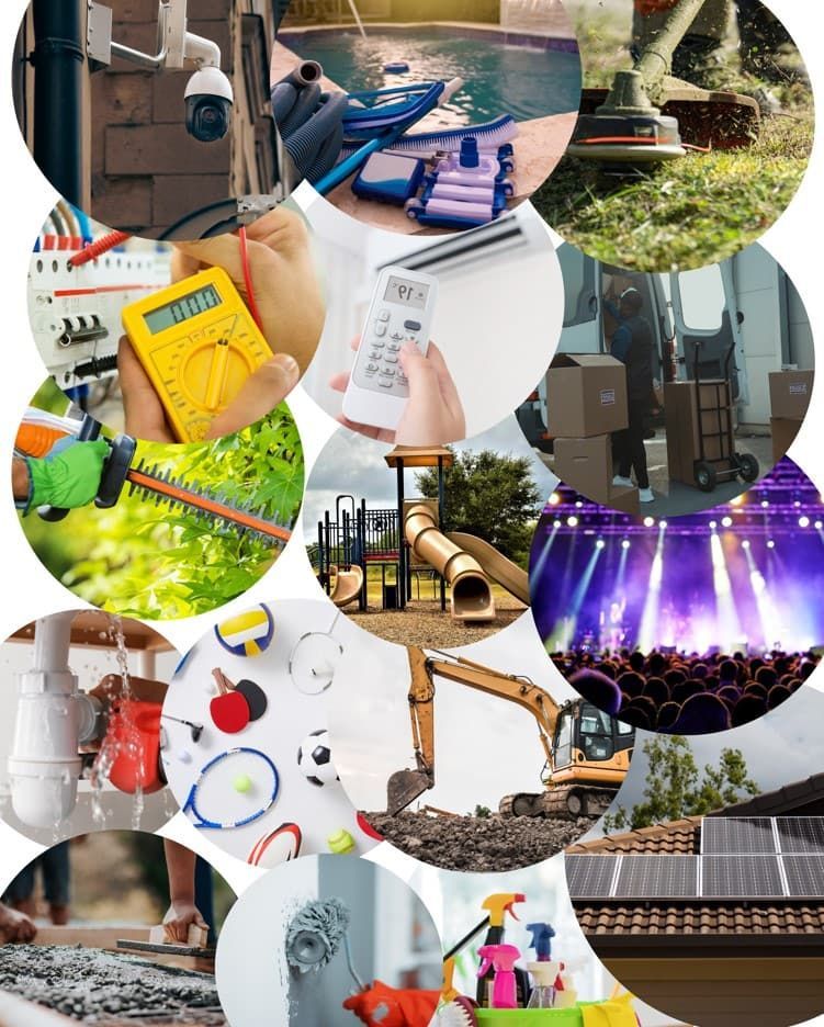 Imagen compuesta de los servicios: seguridad, mantenimiento de piscinas, mantenimiento de jardines, electricidad, aire acondicionado, mudanzas, parque infantil y eventos.