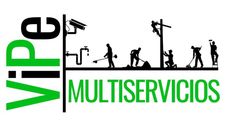 Logotipo de VIP Multiservicios. Texto verde «VIP» a la izquierda. Siluetas de trabajadores a la derecha, incluyendo cámaras de seguridad, trabajos eléctricos y construcción en general.