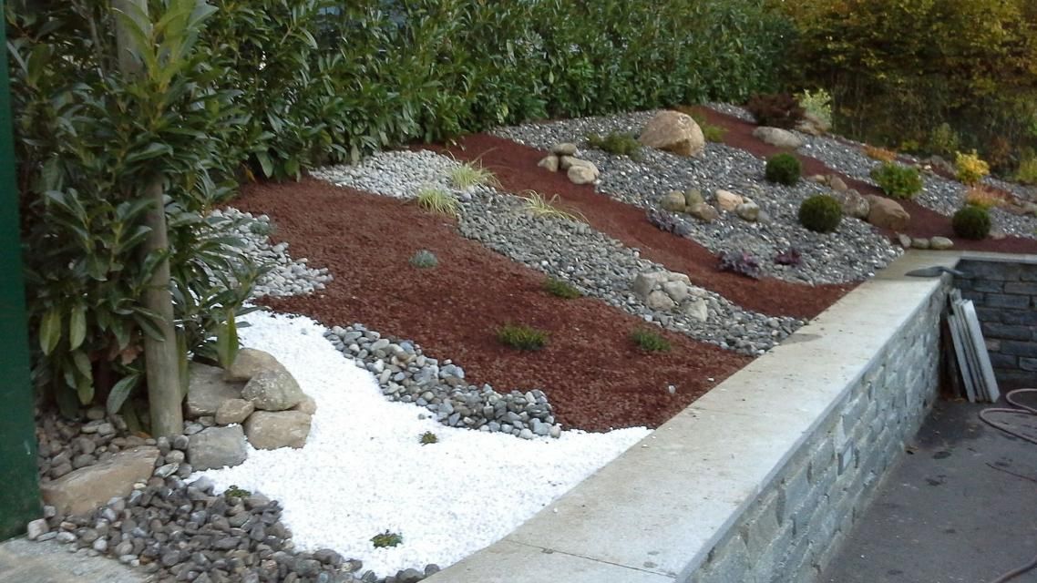 Un jardin rempli de rochers et de gravier à côté d'un mur de briques.
