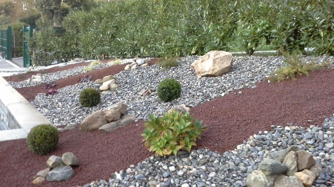 Un jardin rempli de rochers et de plantes à côté d'une piscine.