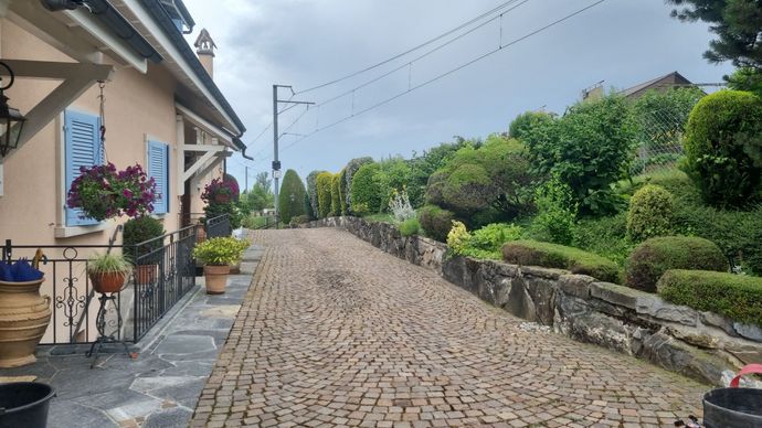 Il y a un mur de pierre à l'arrière-plan et une pelouse au premier plan.