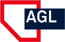El logotipo de AGL es un escudo rojo y azul con la palabra AGL en él.