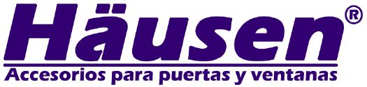 A purple and white logo for hausen accesorios para puertas y ventanas