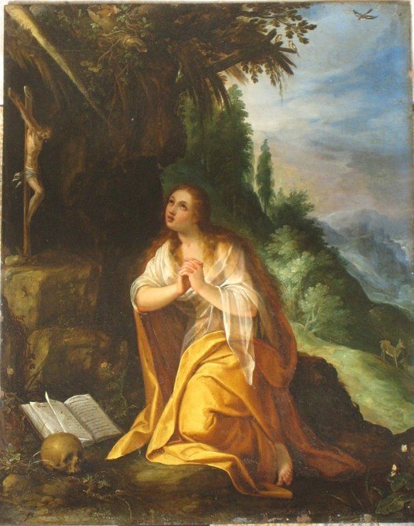 Un tableau d'une femme qui se prosterne