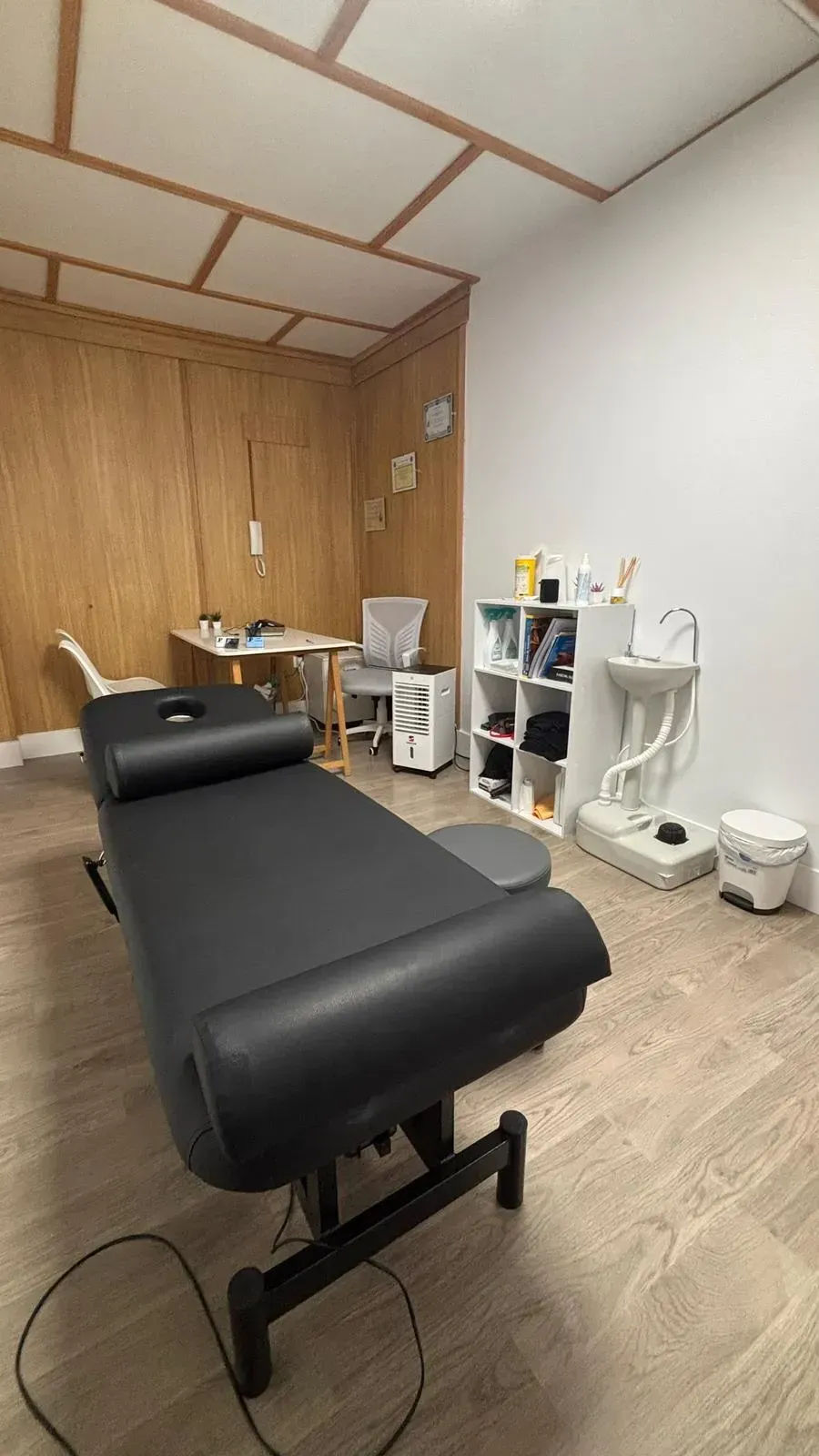 Sala de tratamientos con mesa de masajes, lavabo y estantes; madera clara y paredes blancas.