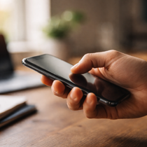 Gros plan sur une main tenant et interagissant avec un smartphone sombre posé sur un bureau en bois.