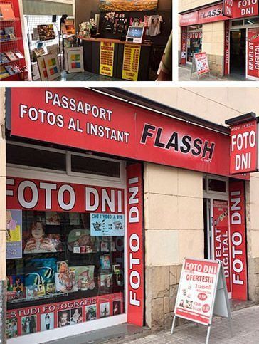 Un collage de fotos de una tienda de fotografía llamada Foto Dni.