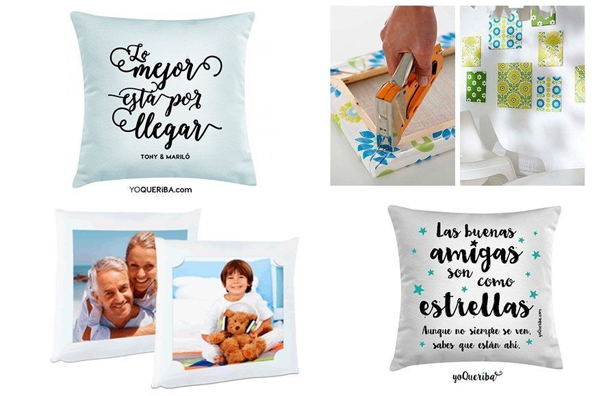 Un collage de cuatro almohadas con diferentes refranes en ellas.