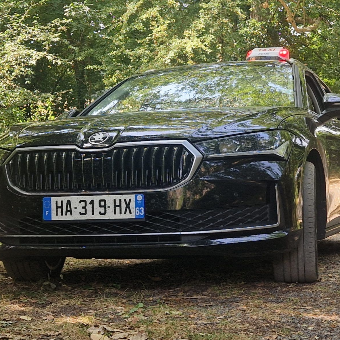Taxi Skoda noir, stationné dans une zone boisée, avec un lumineux taxi sur le toit.