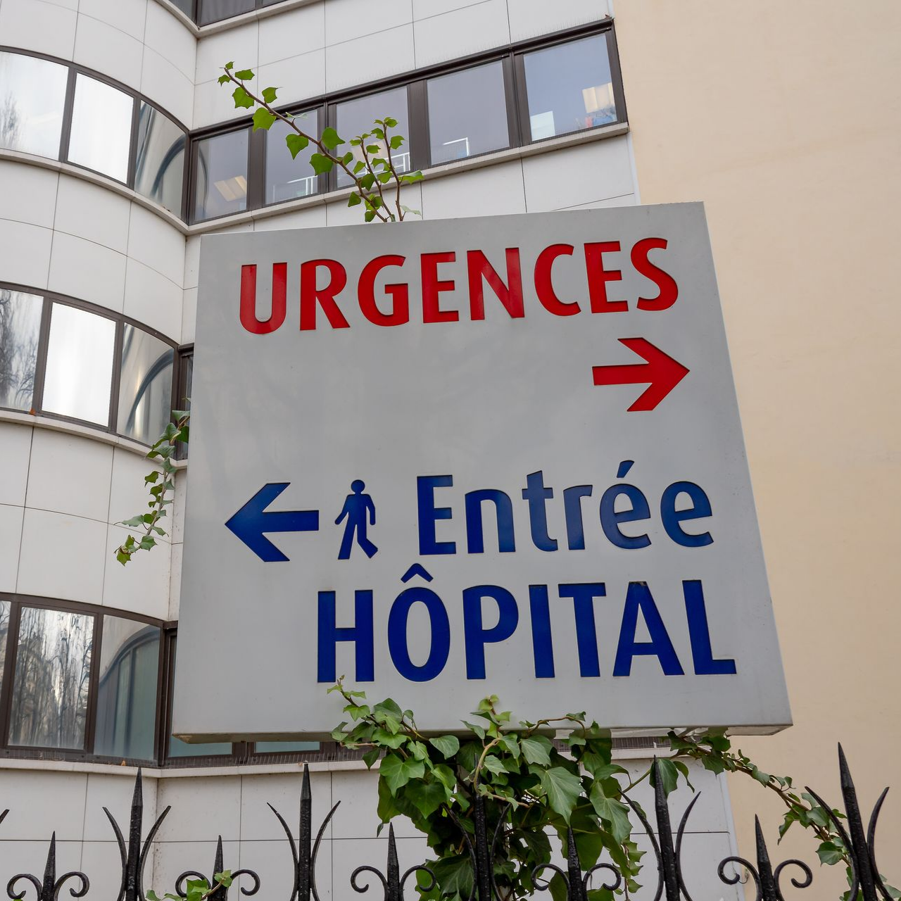 Panneau indiquant les entrées de l'hôpital. Flèche rouge Urgences à droite, flèche bleue Entrée Hôpital à gauche.