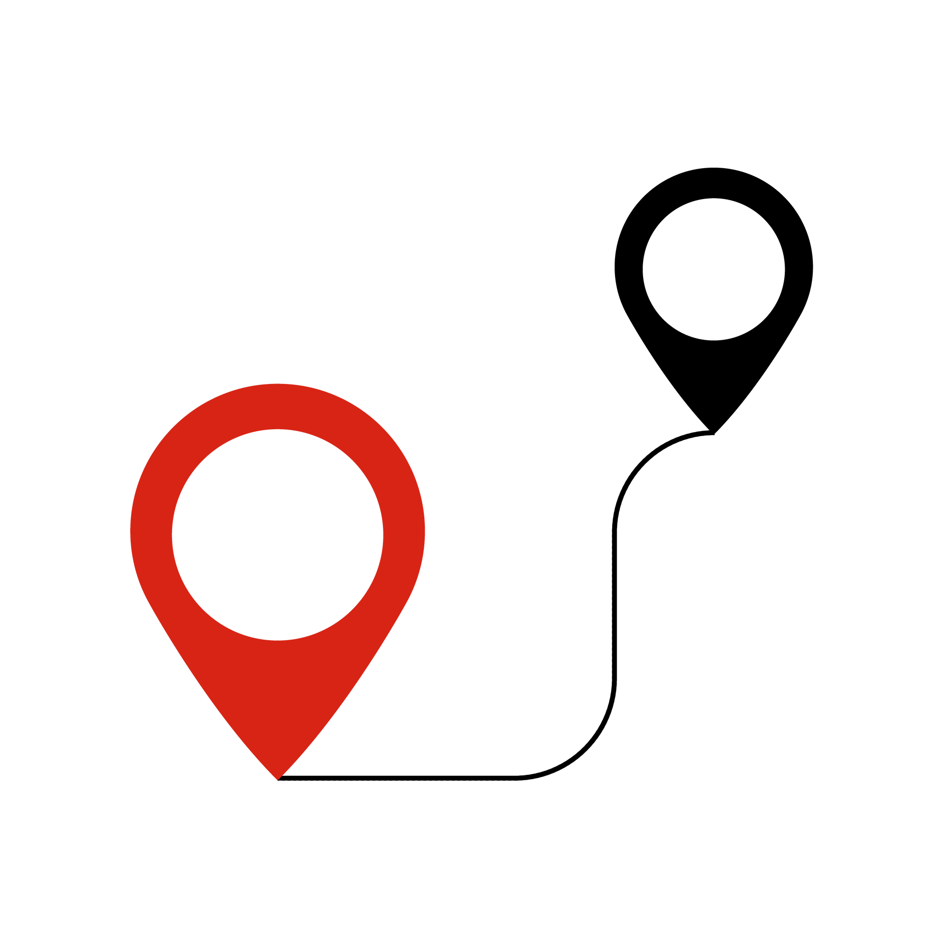 Marqueurs de localisation rouges et noirs reliés par une ligne courbe.