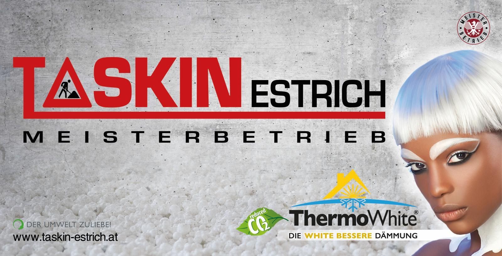 Eine Anzeige für Taskin Estrich zeigt eine Frau mit weißem Haar