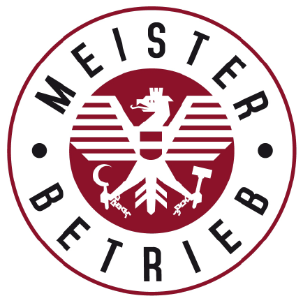 A red and white logo for meister betrieb