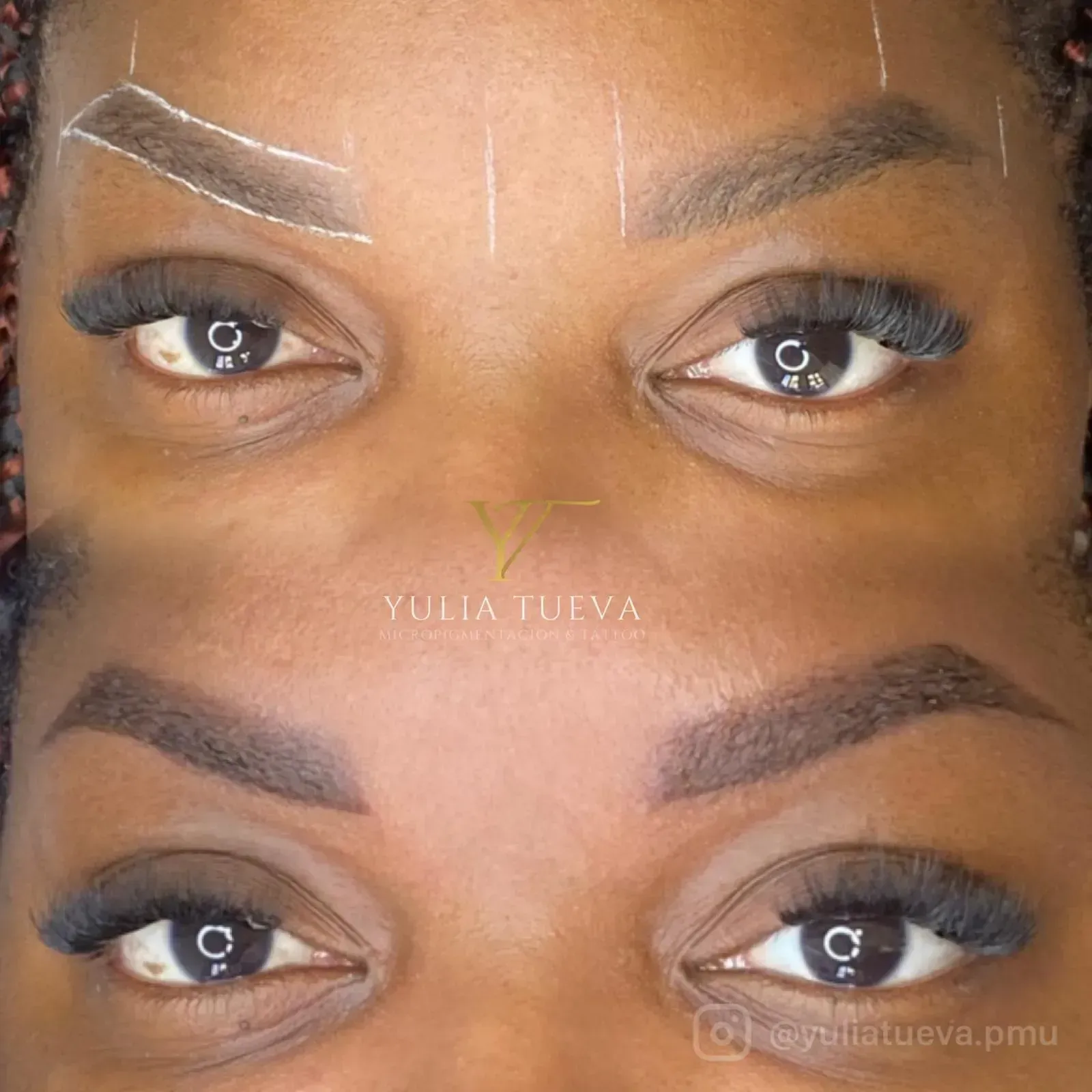 Primer plano de cuatro ojos con maquillaje de cejas, mostrando el antes y el después del diseño y estilizado de las cejas.