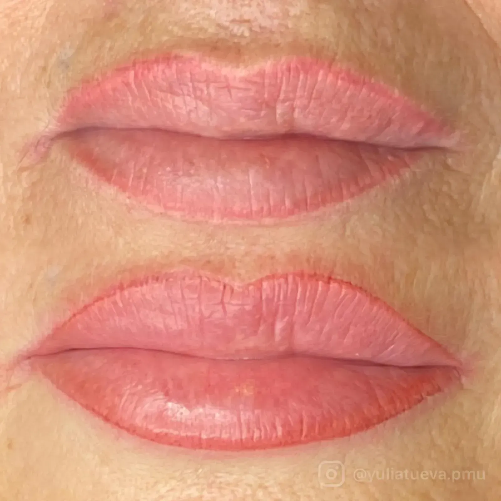 Primer plano de unos labios pintados con dos tonos de pintalabios rosa, uno encima del otro.