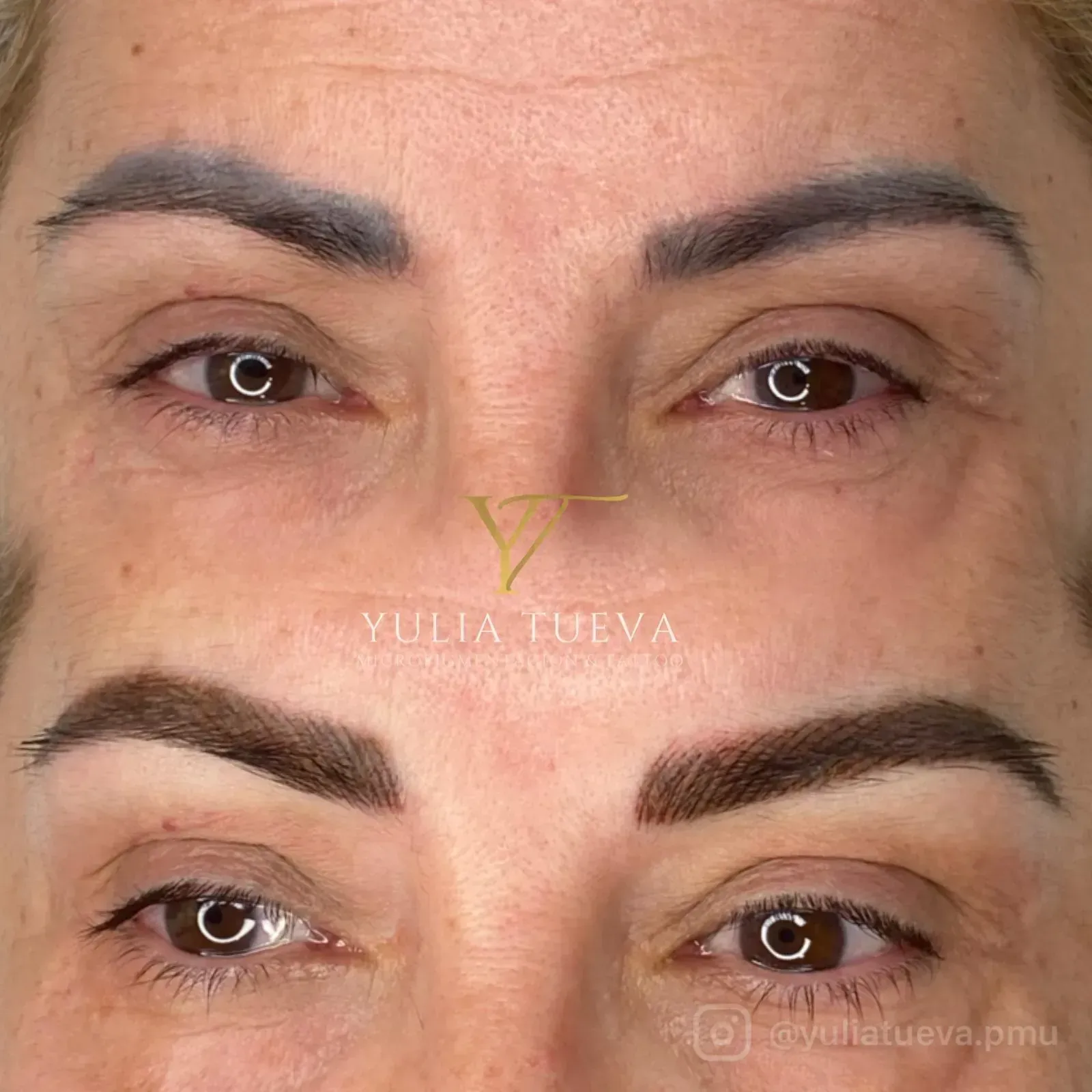 Primer plano de cejas y ojos antes y después, mostrando cejas arregladas y una simetría mejorada.