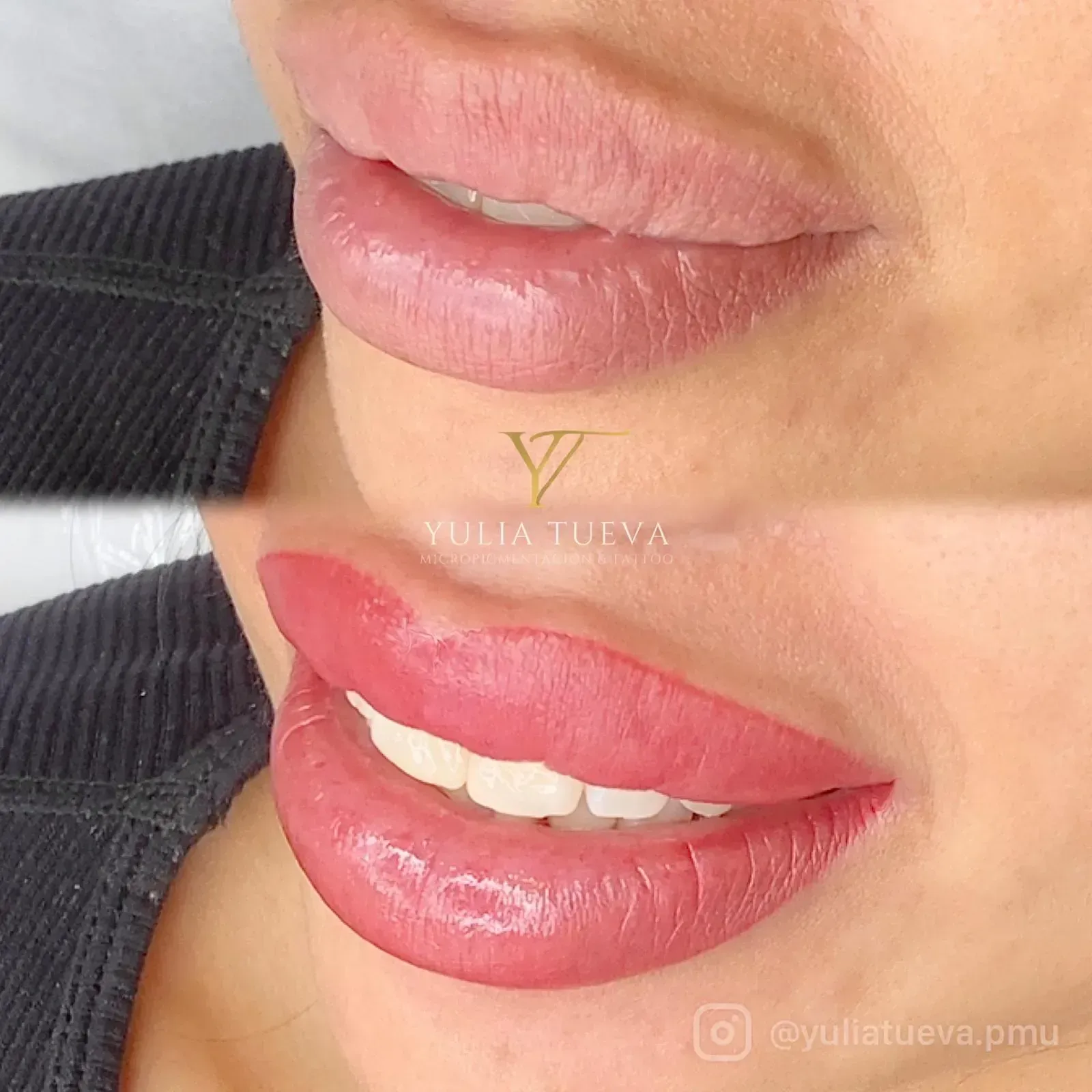 Primer plano de los labios antes y después: parte superior rosa natural, parte inferior rojo brillante y brillante.