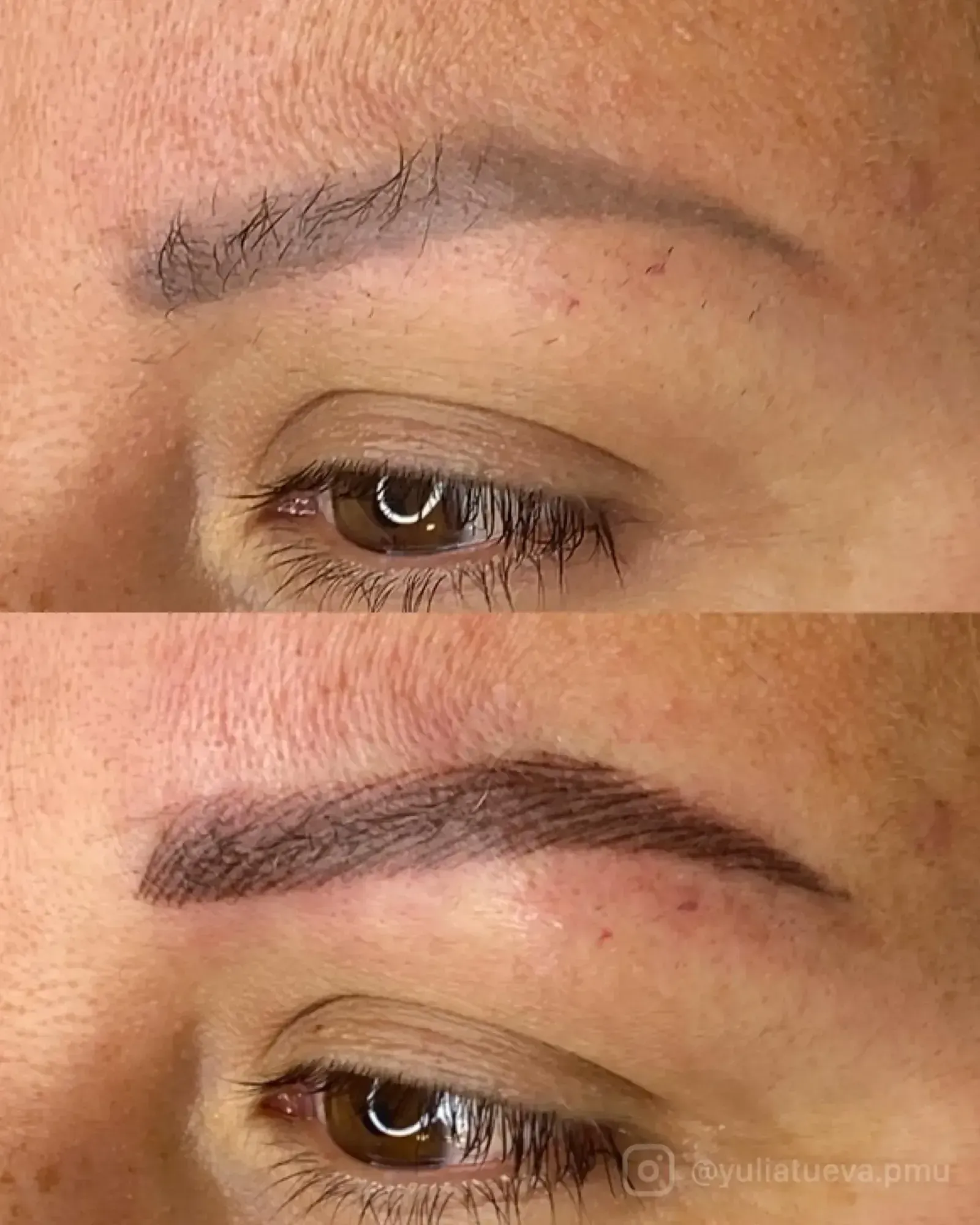 Primer plano del proceso de tatuaje de cejas antes y después, mostrando una ceja con aspecto natural y la otra rellena.