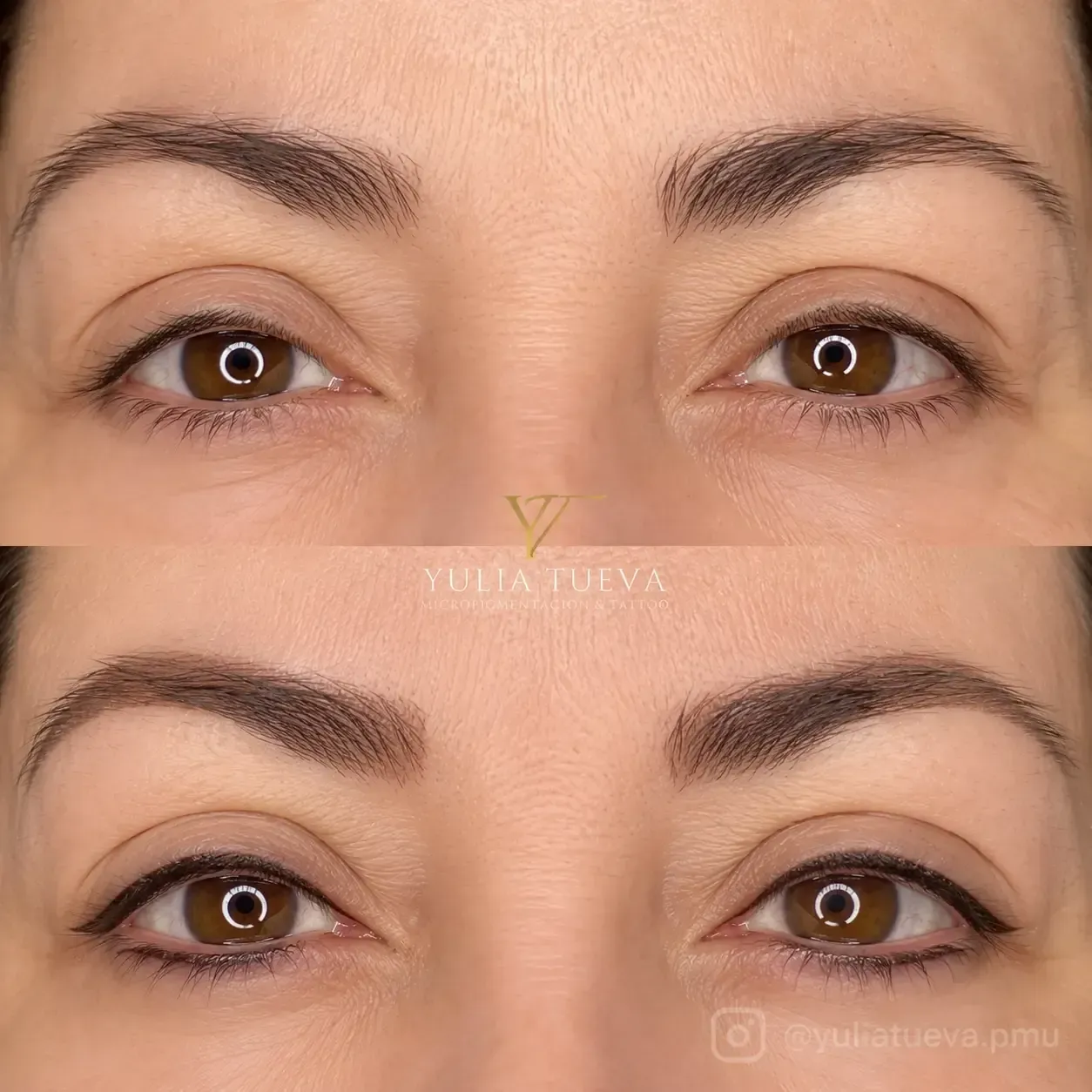 Primer plano comparativo de ojos y cejas antes y después de un tratamiento cosmético sobre un fondo neutro.