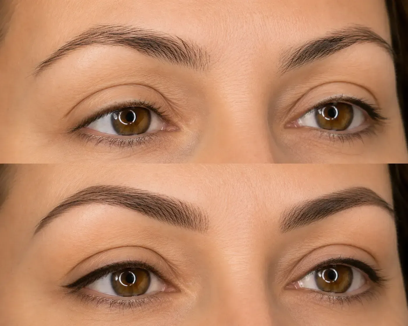 Primer plano de ojos y cejas, que muestra una comparación del antes y el después del diseño de cejas.