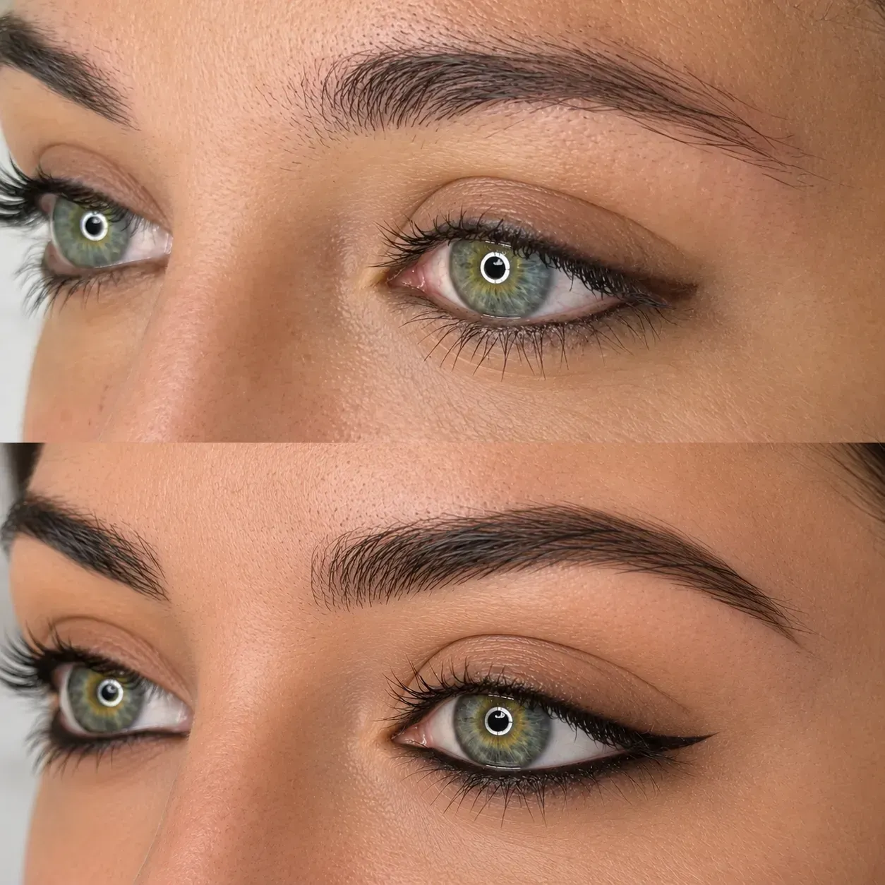 Primer plano de ojos con iris verdes y delineador de ojos negro intenso sobre piel de tono cálido.