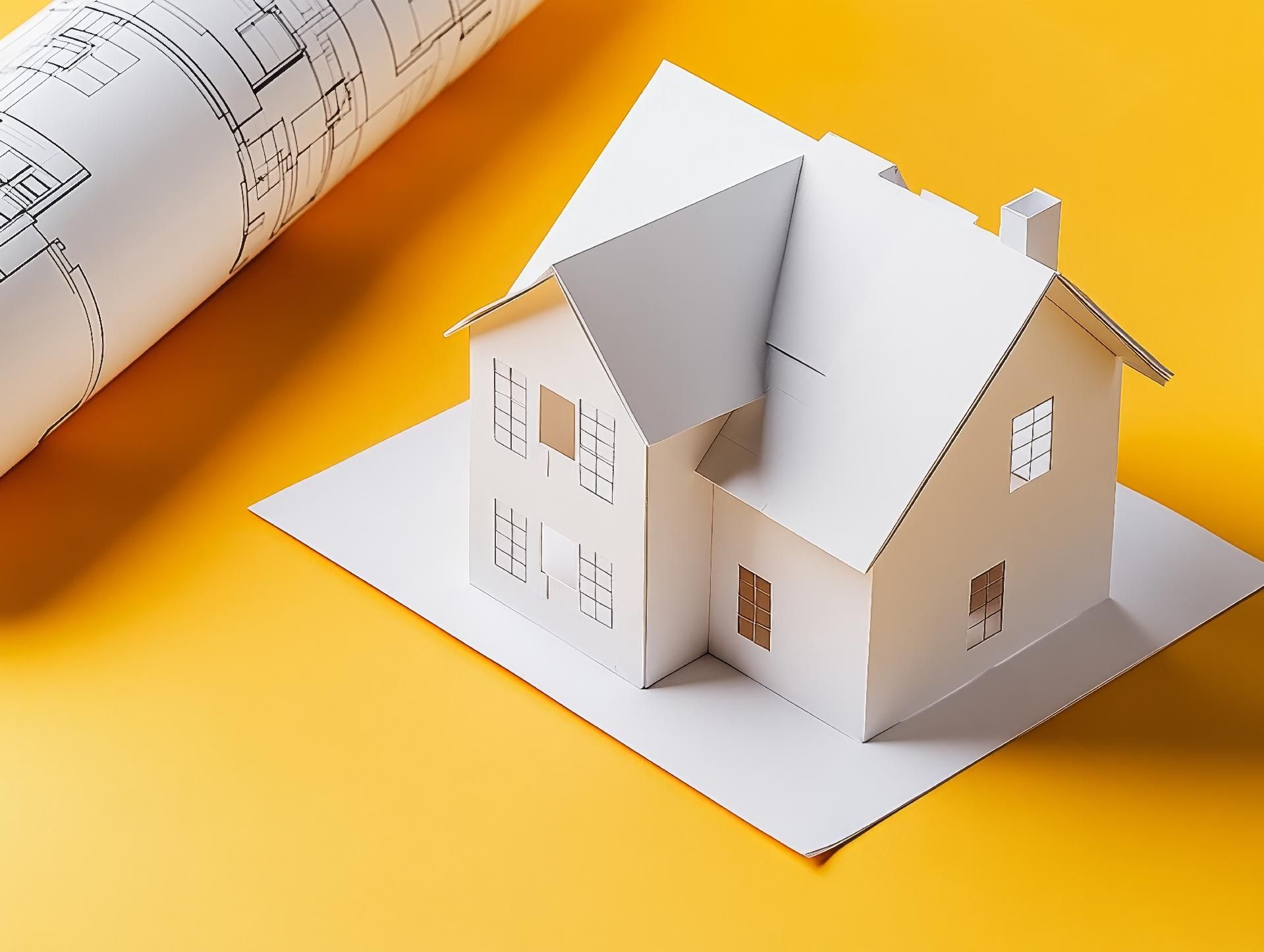 Ein weißes Papiermodell eines Hauses neben zusammengerollten Architekturplänen auf gelbem Untergrund.