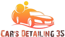 Contour de voiture orange avec bulles de savon, texte « CAR'S DETAILING 35 ».