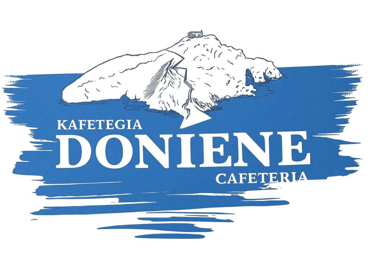 Logotipo para la cafetería "Kafetegia Doniene" con una montaña sobre un fondo azul, similar a una pincelada.