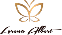 Un logotipo para Lorena Albert con una mariposa.