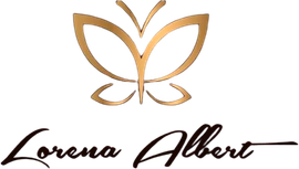 Un logotipo para Lorena Albert con una mariposa.