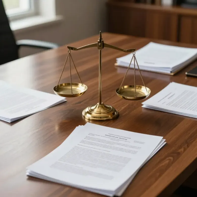 Libros de leyes con balanzas de la justicia doradas sobre una mesa de madera en la sala del tribunal.
