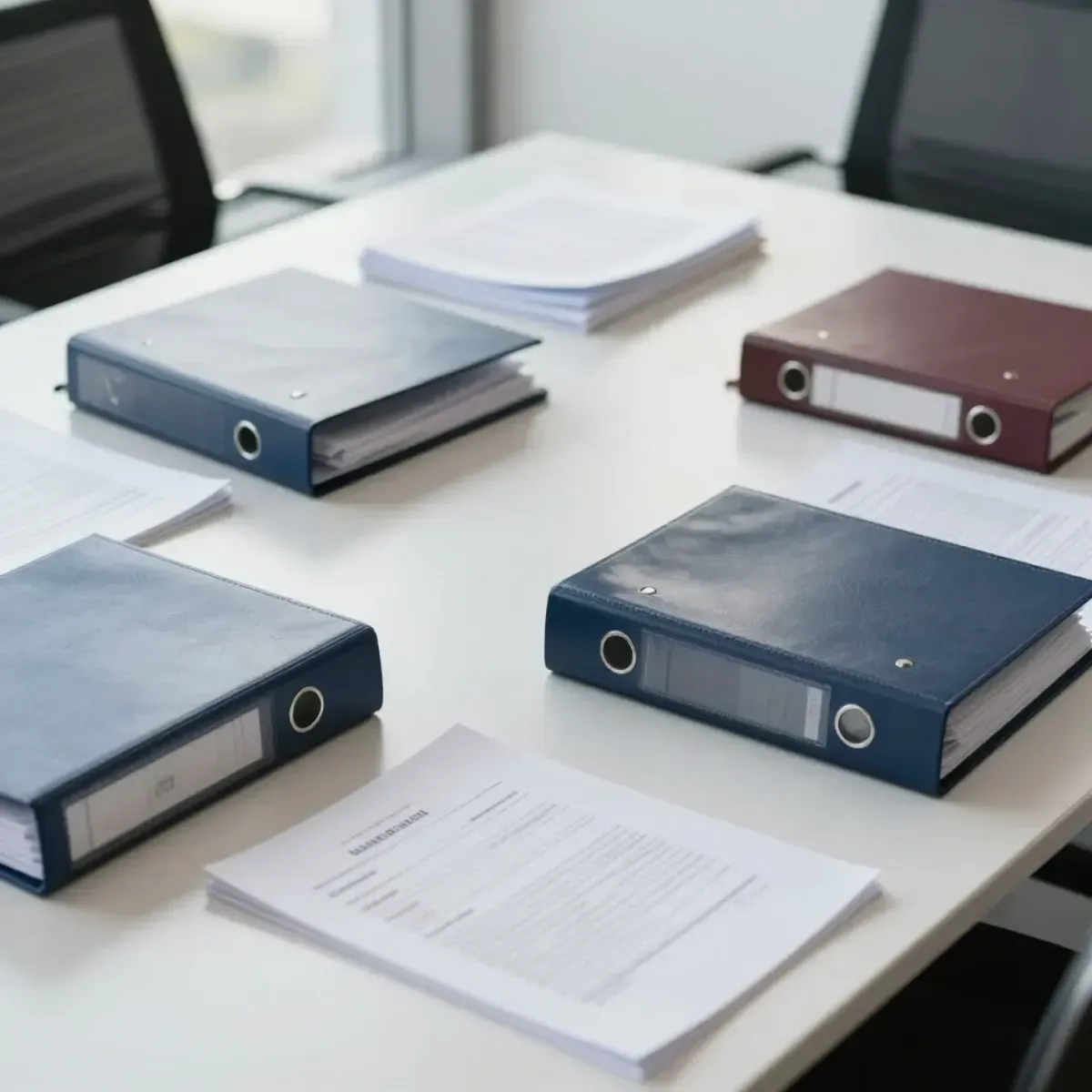Cuatro carpetas y pilas de papeles sobre una mesa de conferencias blanca en una oficina.