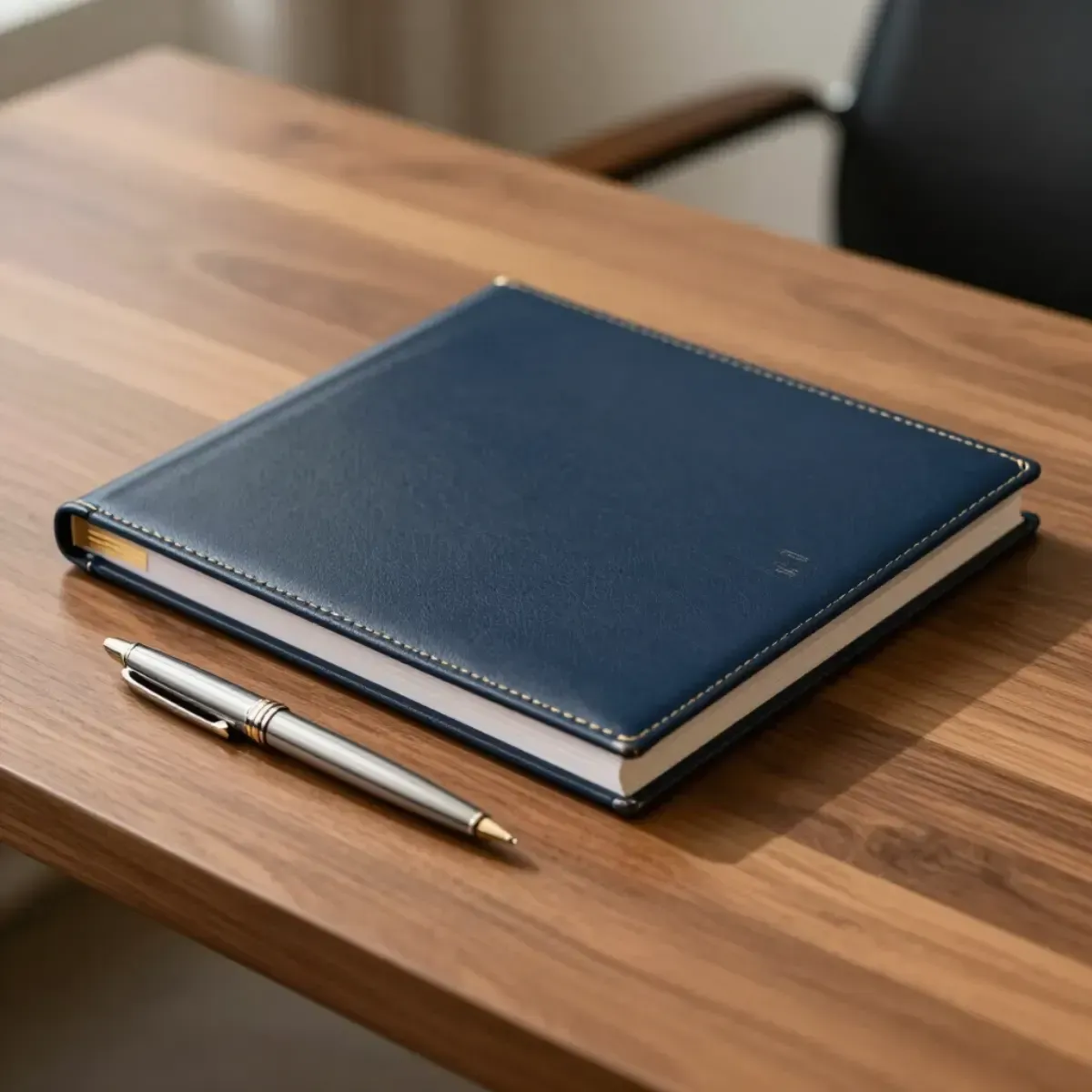 Cuaderno azul y bolígrafo plateado sobre un escritorio de madera.