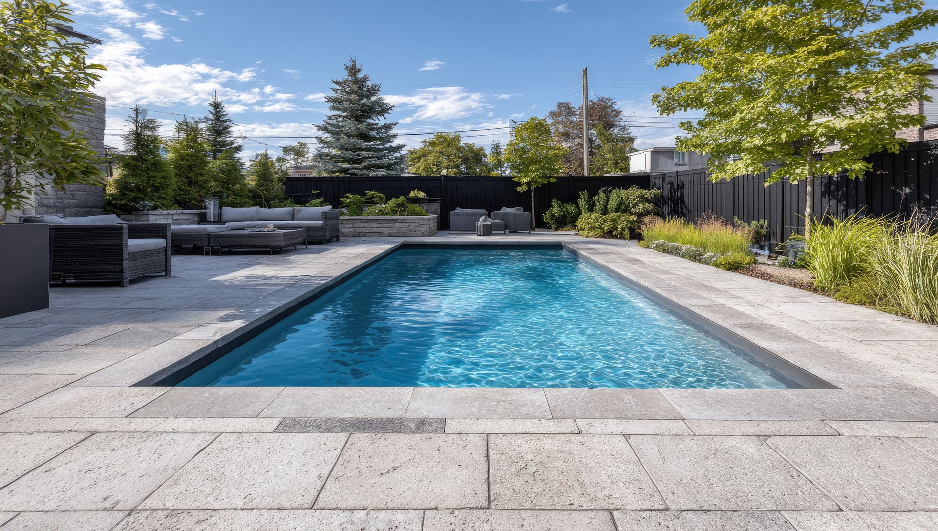 Piscine moderne dans le jardin avec eau bleue, terrasse en pierre, salon de jardin et arbres sous un ciel lumineux