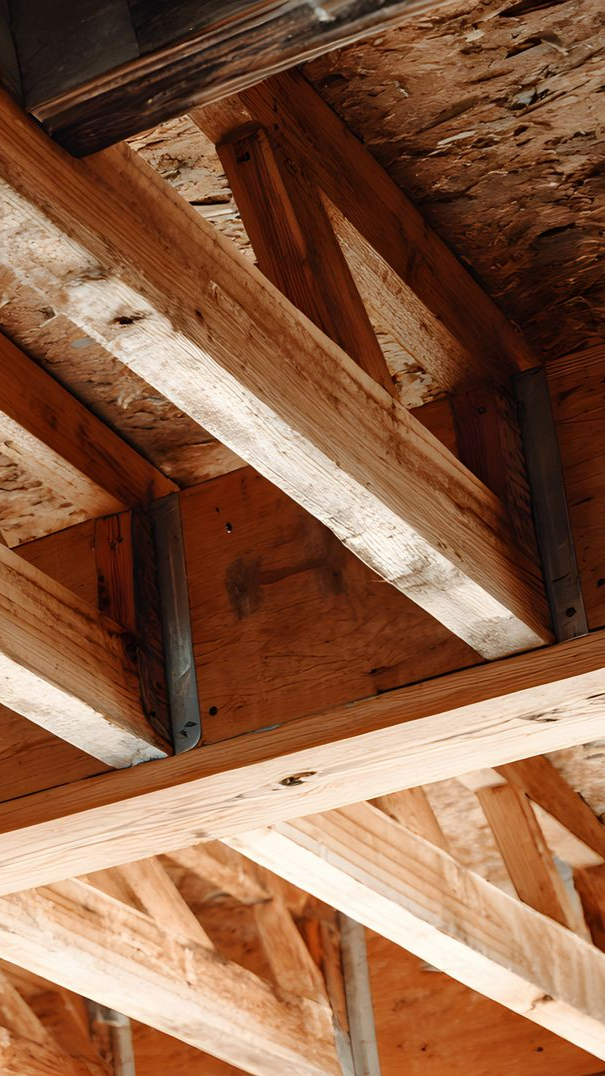 Charpente et poutres de toit en bois apparentes à l'intérieur d'un grenier non aménagé, isolé et recouvert de panneaux de contreplaqué.