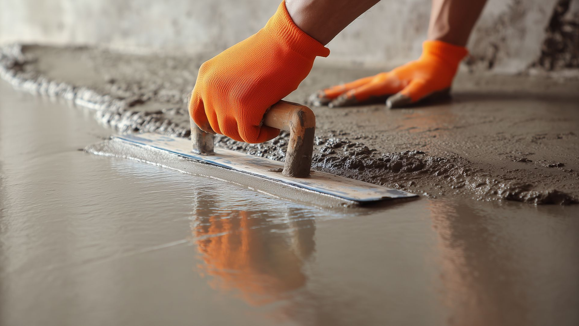 Des mains gantées lissent du béton frais à la truelle sur un sol brillant