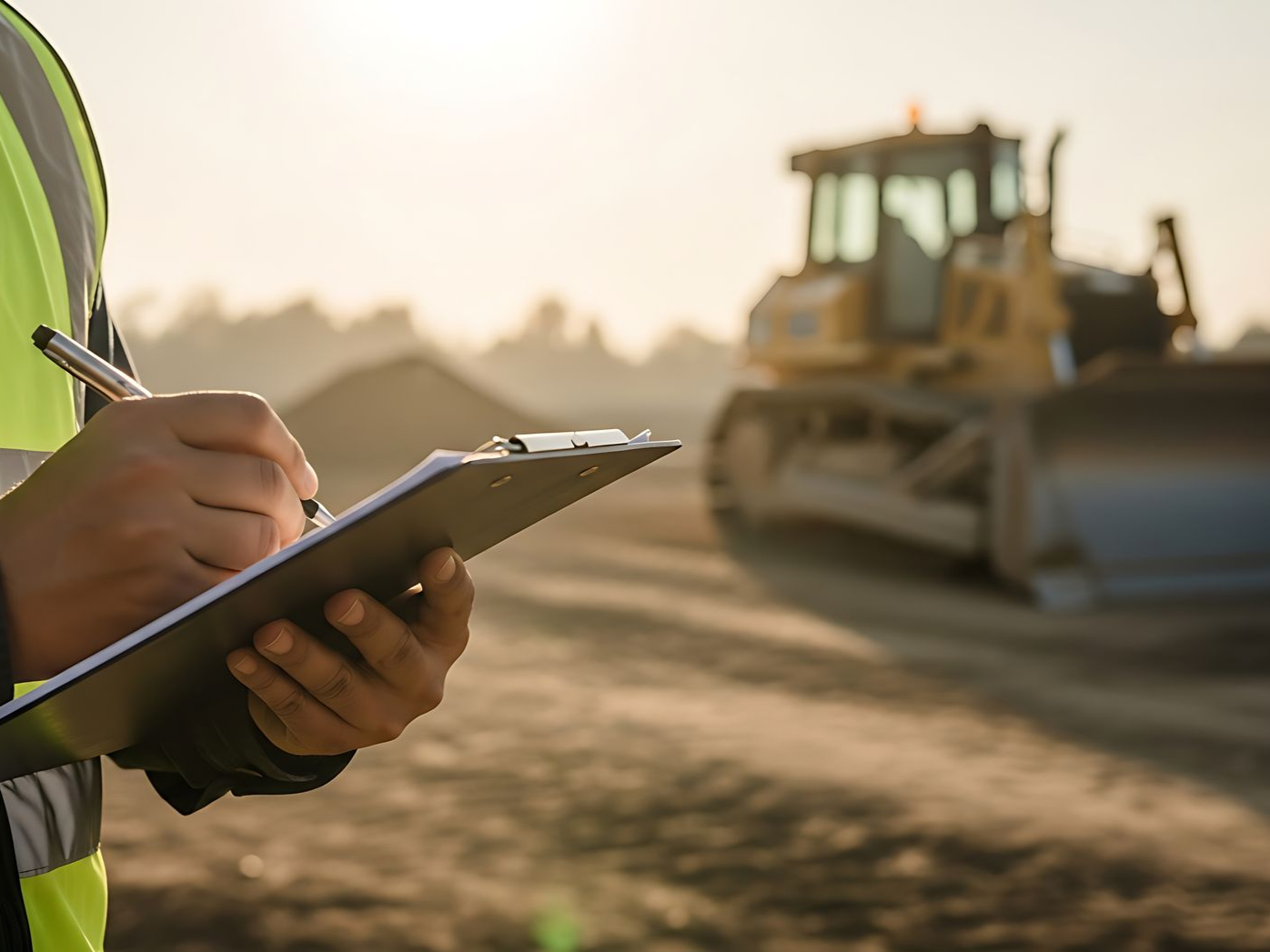 Un ouvrier portant un gilet de sécurité écrit sur un bloc-notes à côté d'un bulldozer sur un chantier poussiéreux.