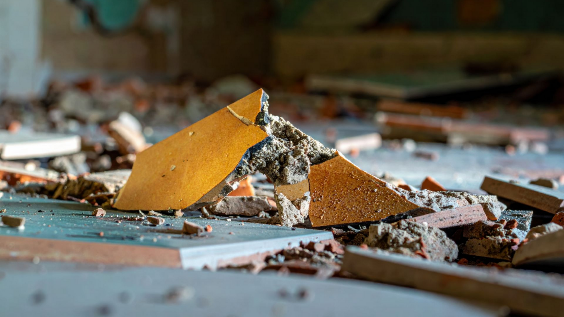 Des carreaux orange cassés et des débris jonchent le sol poussiéreux d'une pièce en rénovation