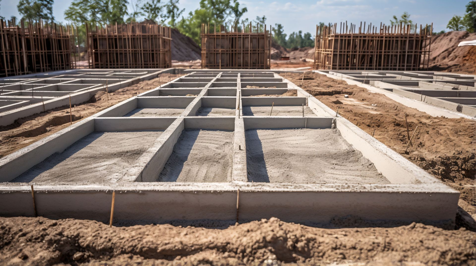 Plan de fondation en béton sur un chantier de construction avec coffrages en bois et tranchées de terre sous un ciel dégagé