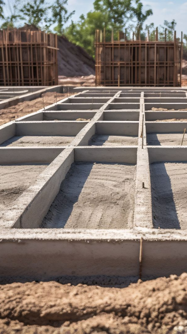 Construction d'une dalle de fondation en béton avec coffrage en bois sur un chantier