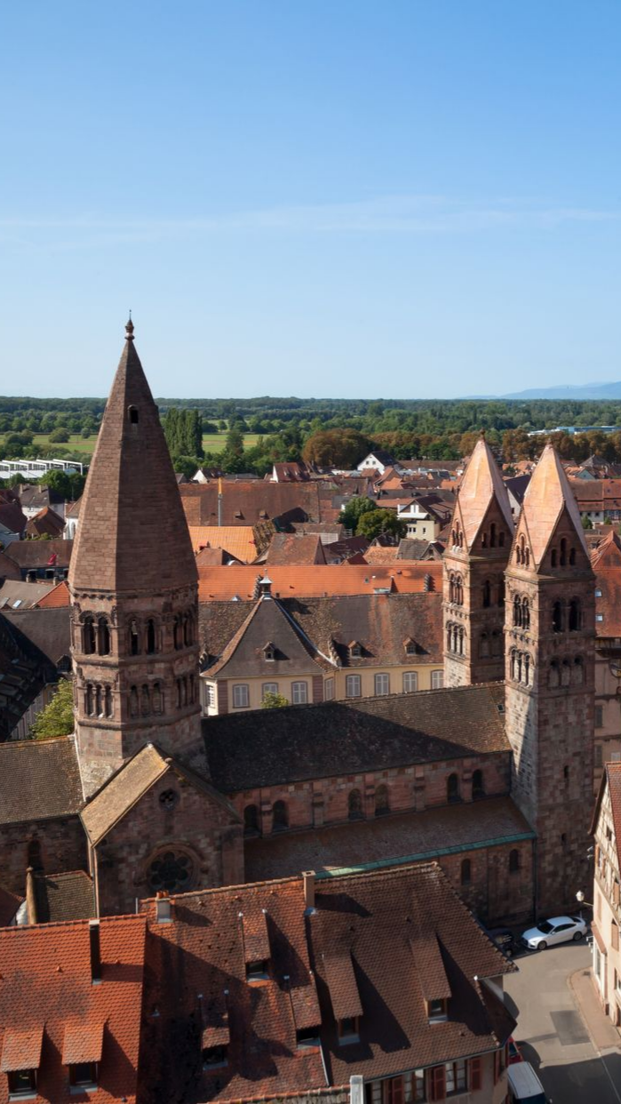 Des tours de pierre, typiques des cathédrales, dominent les toits de tuiles rouges sous un ciel d'un bleu limpide.